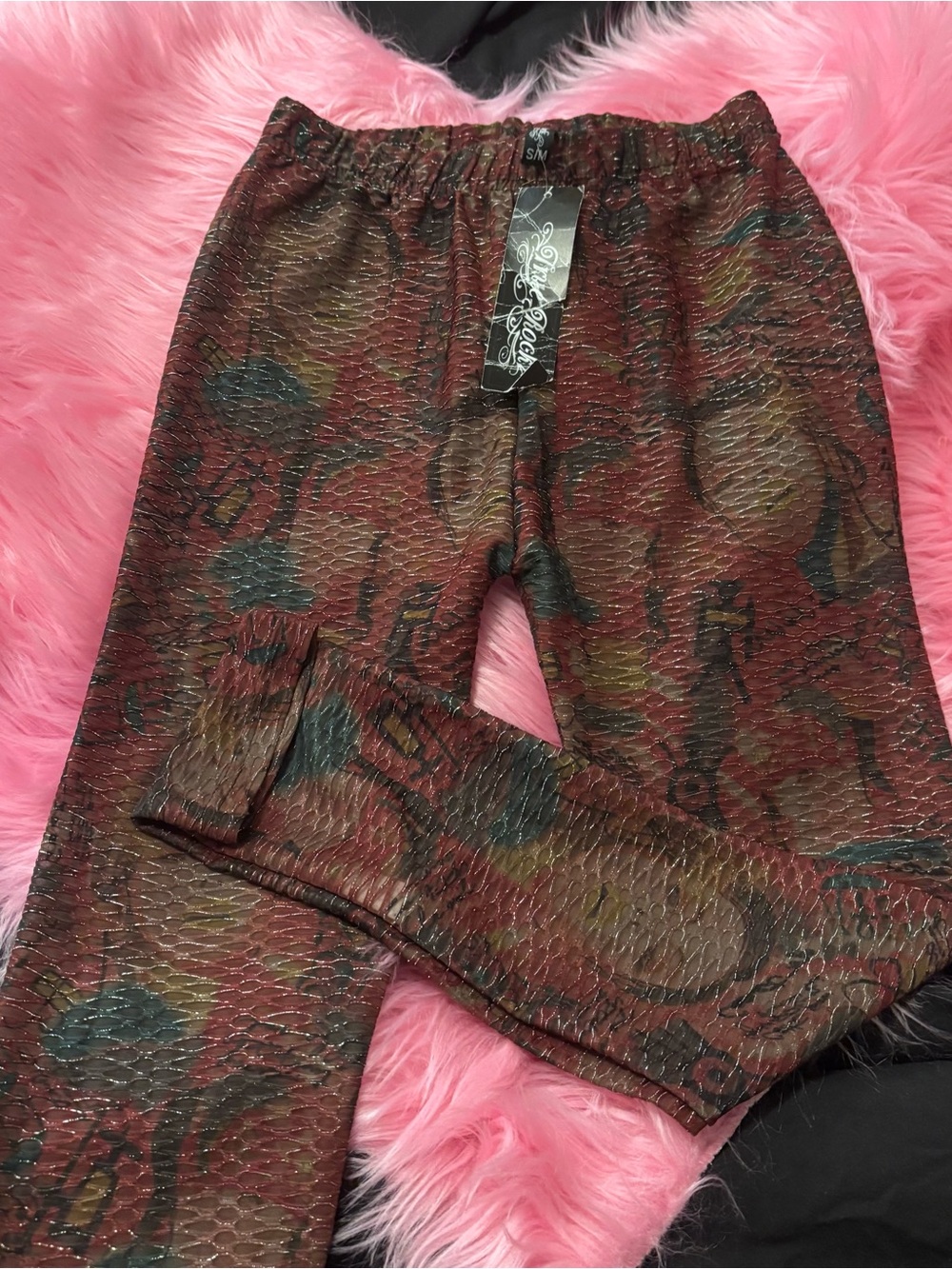 Vintage Y2K sheer Maroon unique printed Leggings Try Rock Brand Size S/M